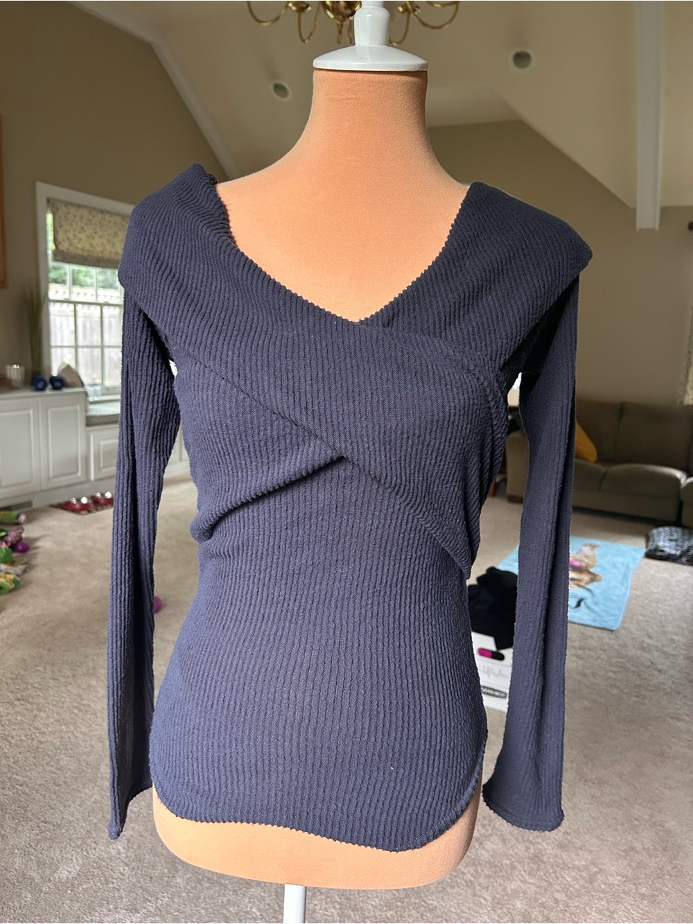 free people dark grey navy Ribbed Wrap-Front Long Sleeve Top